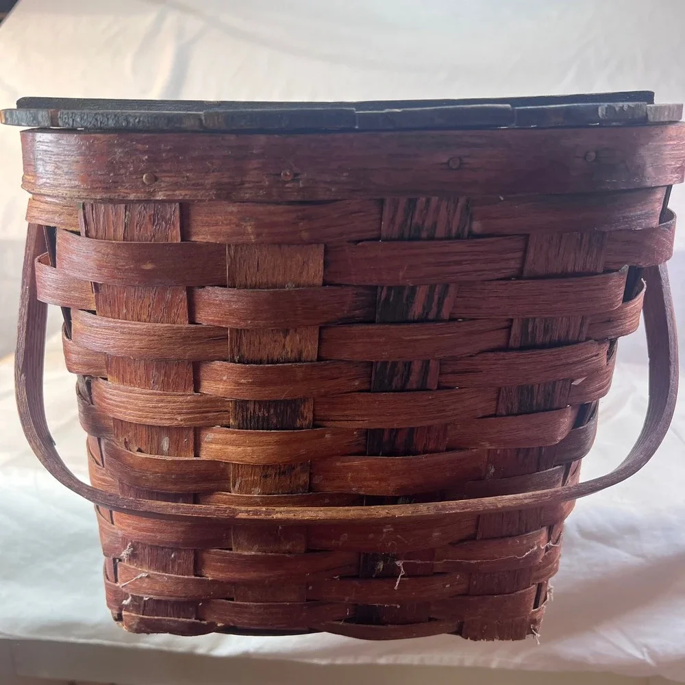 Vintage Woven Wood Picnic Basket Dual Handles Hinged Slatted Lid Large Rustic